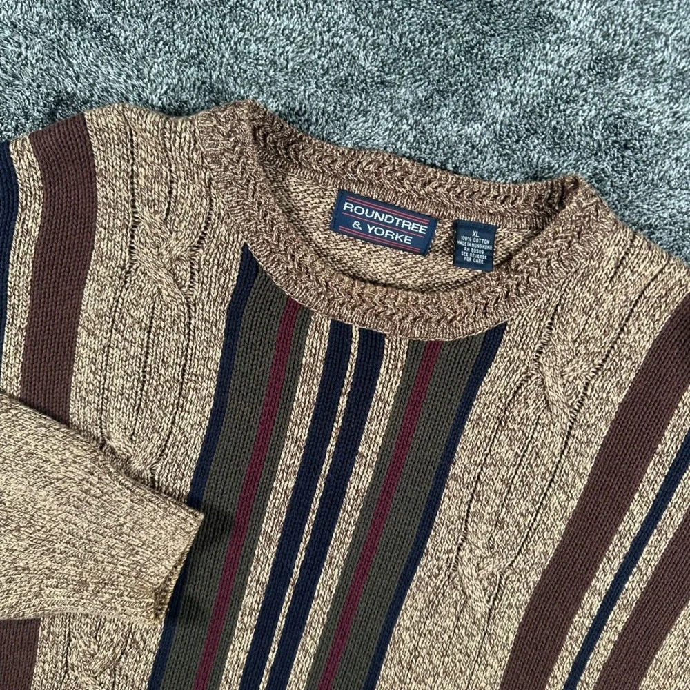 Roundtree & Yorke Knit Sweater Mens XL Brown Tan Cotton Striped Cable Crewneck